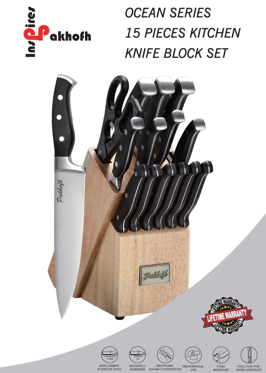 Knife Set, 15-Piece Kitchen Knife Set with Block Wooden - Ocean Series