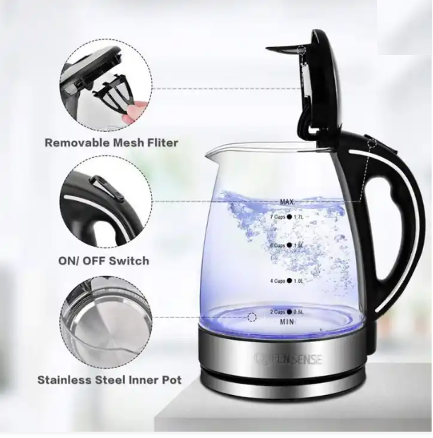 QUEENSENSE 1.7L 360° Rotational Base High Stilbene Led-Light Electric Glass Kettle