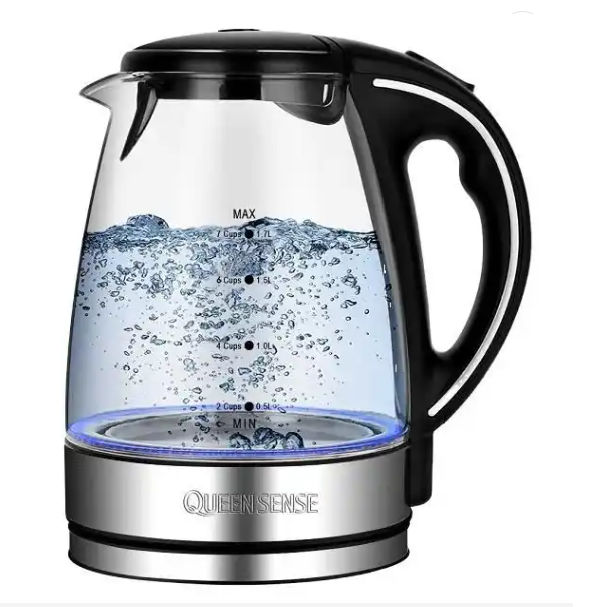 QUEENSENSE 1.7L 360° Rotational Base High Stilbene Led-Light Electric Glass Kettle